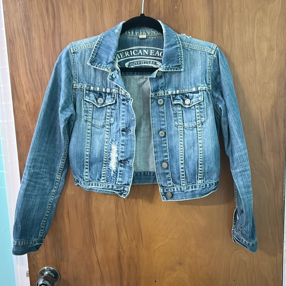 American Eagle cropped distressed denim jacket, size small